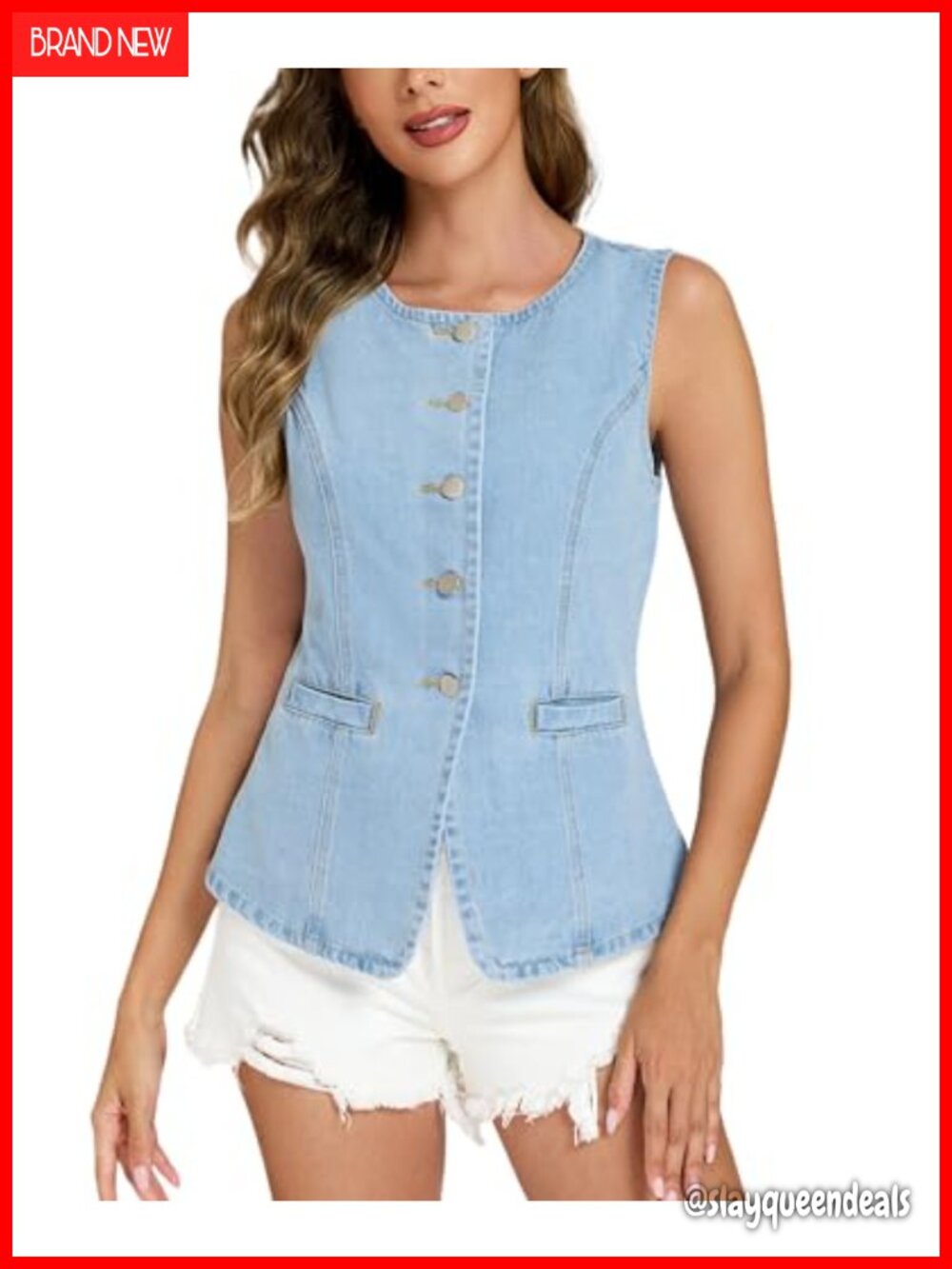 Womens Denim Vest Button Down Sleeveless Slim Fit Jean Waistcoat